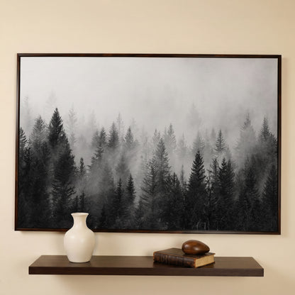 Misty Evergreen Forest Canvas Wall Art, Foggy Pine Trees in dark walnut floating frame