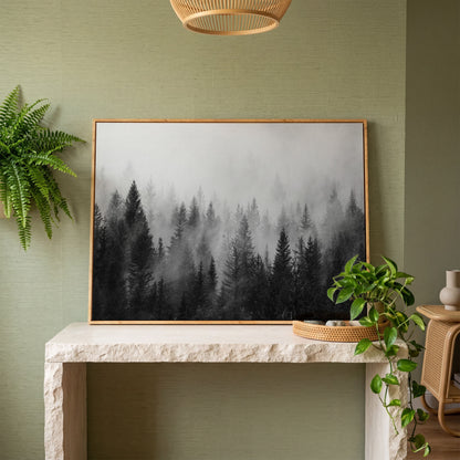 Misty Evergreen Forest Canvas Wall Art, Foggy Pine Trees in white oak floating frame