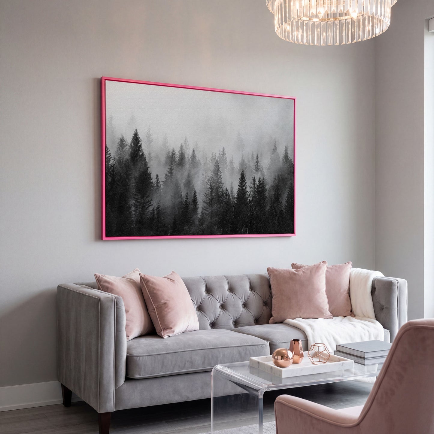 Misty Evergreen Forest Canvas Wall Art, Foggy Pine Trees in pink floating frame
