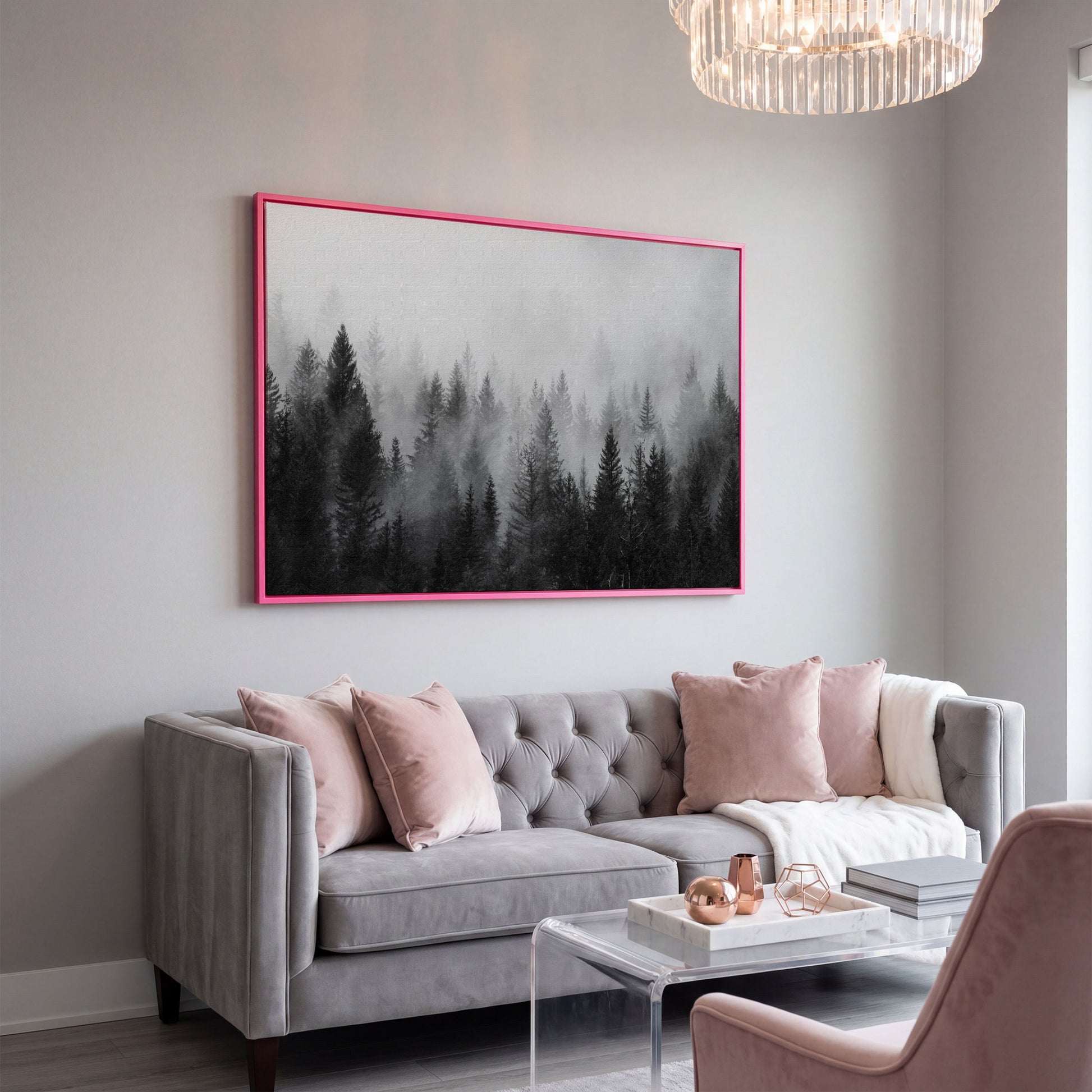 Misty Evergreen Forest Canvas Wall Art, Foggy Pine Trees in pink floating frame