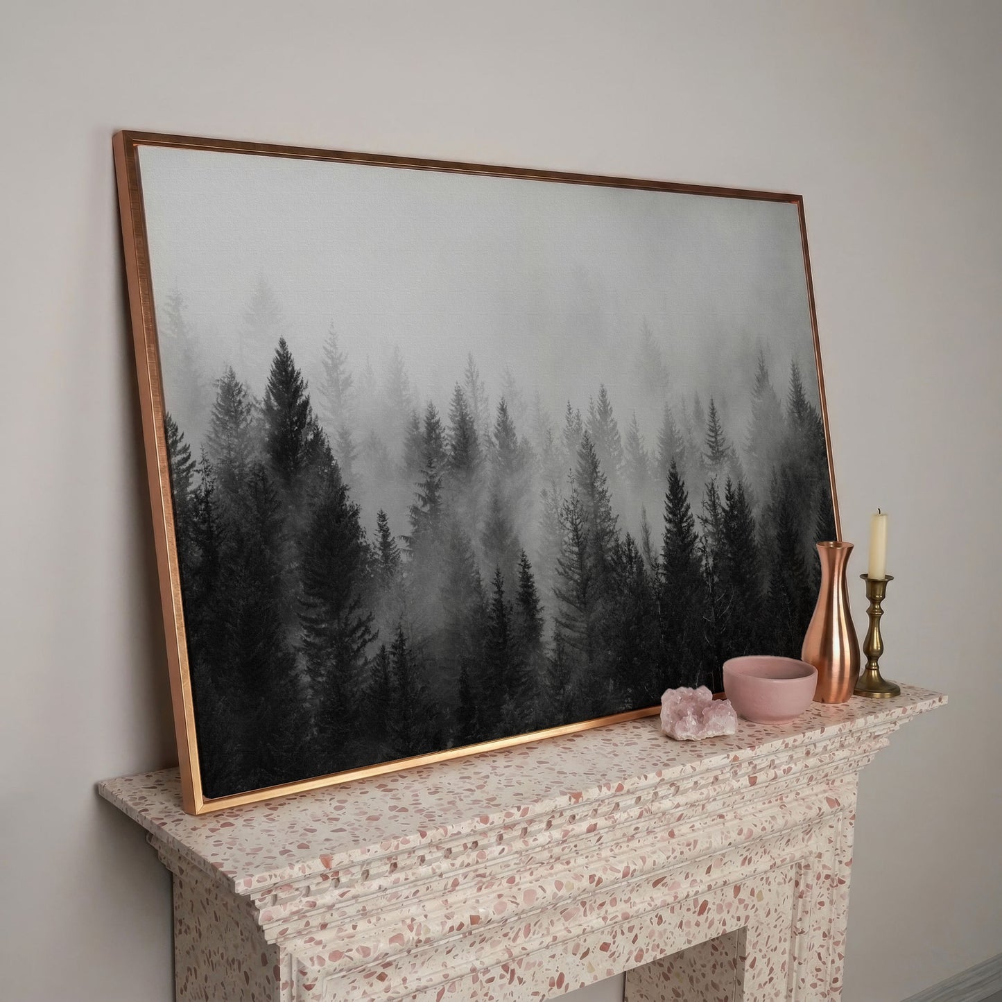 Misty Evergreen Forest Canvas Wall Art, Foggy Pine Trees in rose gold floating frame