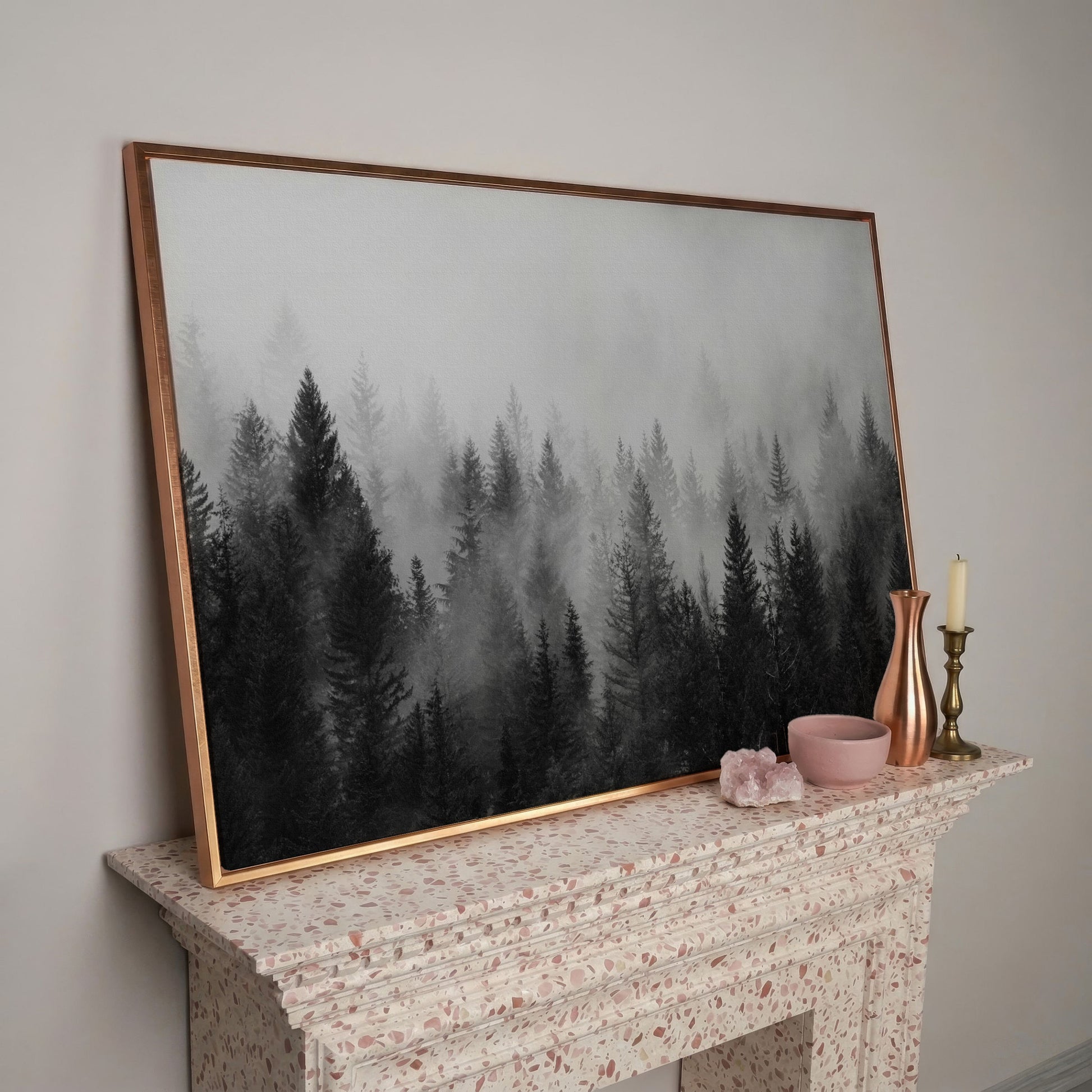 Misty Evergreen Forest Canvas Wall Art, Foggy Pine Trees in rose gold floating frame