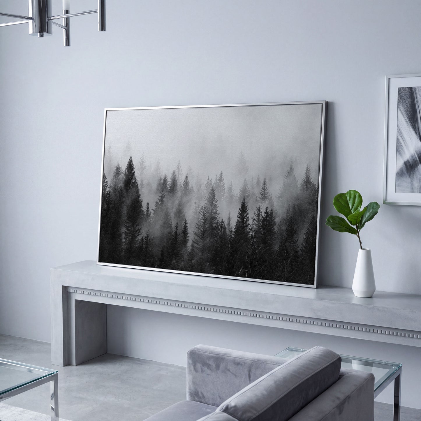 Misty Evergreen Forest Canvas Wall Art, Foggy Pine Trees in silver floating frame