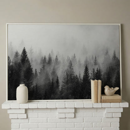 Misty Evergreen Forest Canvas Wall Art, Foggy Pine Trees in white floating frame