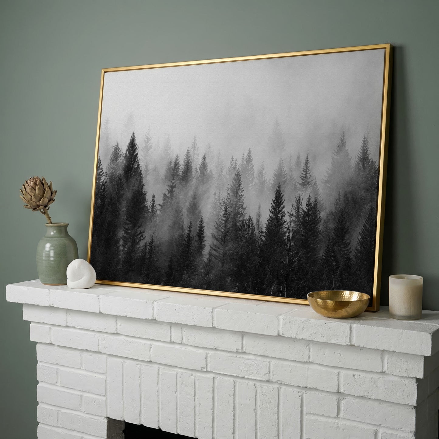 Misty Evergreen Forest Canvas Wall Art, Foggy Pine Trees in yellow gold floating frame