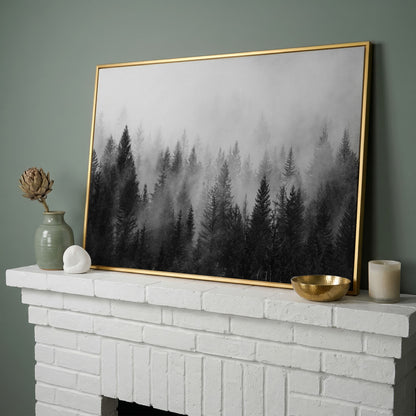 Misty Evergreen Forest Canvas Wall Art, Foggy Pine Trees in yellow gold floating frame