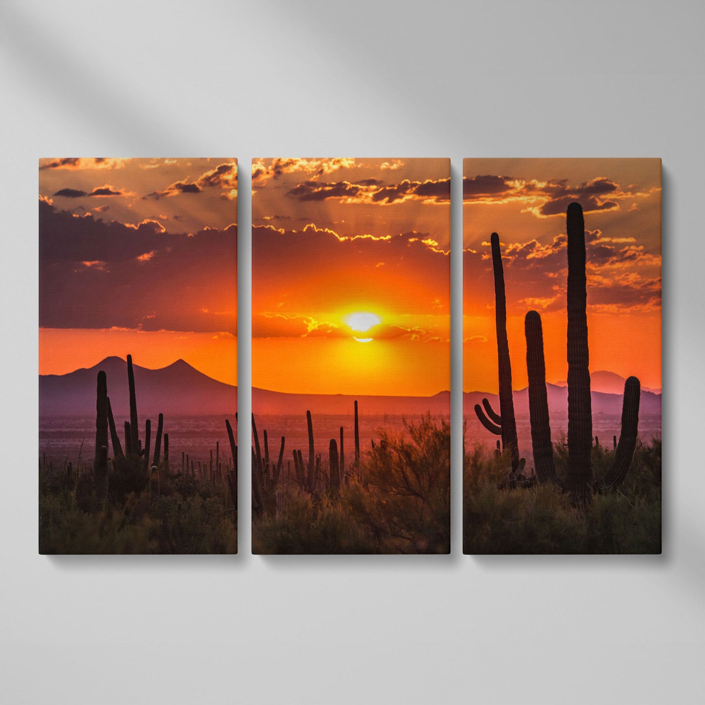 Saguaro Sunset Canvas Art, Arizona Desert Landscape Wall Print as 3-panel split version