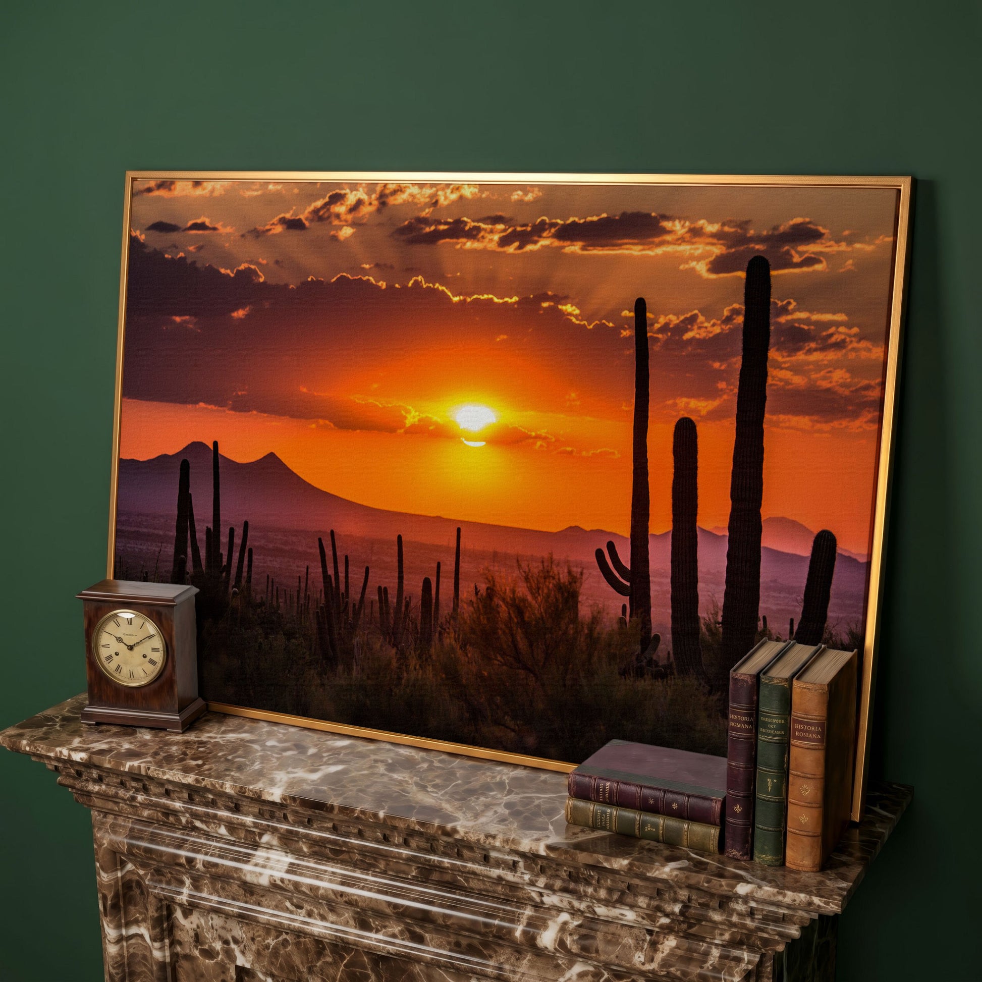 Saguaro Sunset Canvas Art, Arizona Desert Landscape Wall Print in antique gold floating frame
