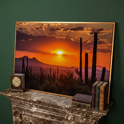 Saguaro Sunset Canvas Art, Arizona Desert Landscape Wall Print in antique gold floating frame