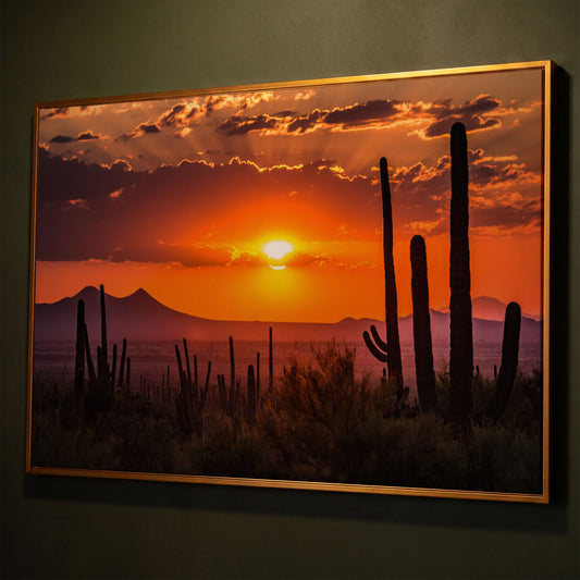 Saguaro Sunset Canvas Art, Arizona Desert Landscape Wall Print shown in antique gold floating frame