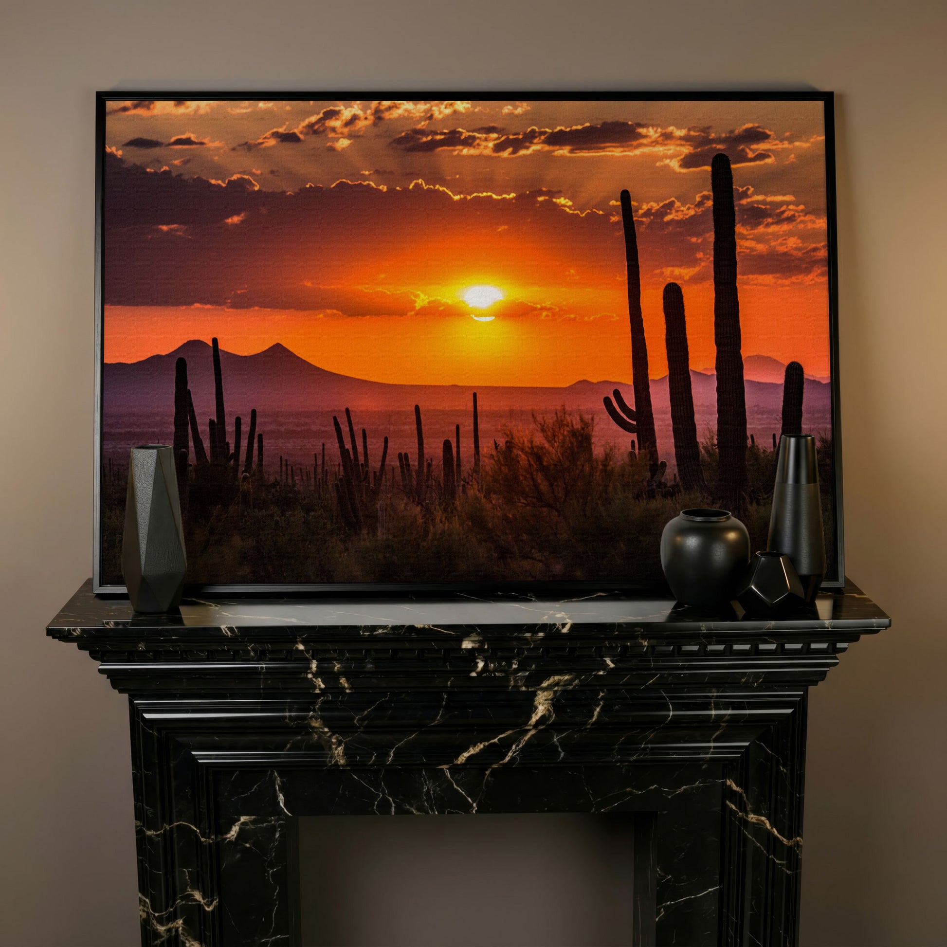 Saguaro Sunset Canvas Art, Arizona Desert Landscape Wall Print in black floating frame