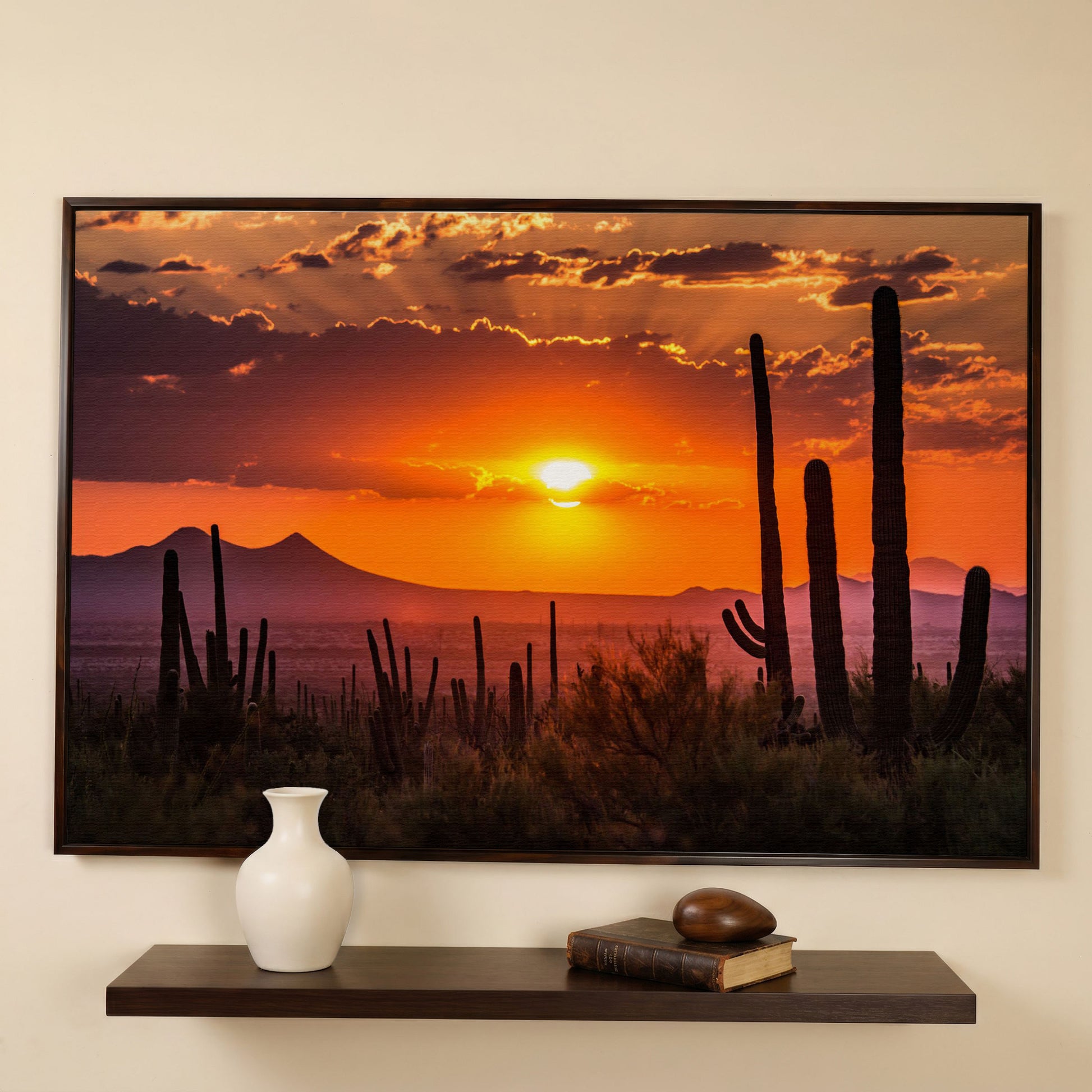 Saguaro Sunset Canvas Art, Arizona Desert Landscape Wall Print in dark walnut floating frame