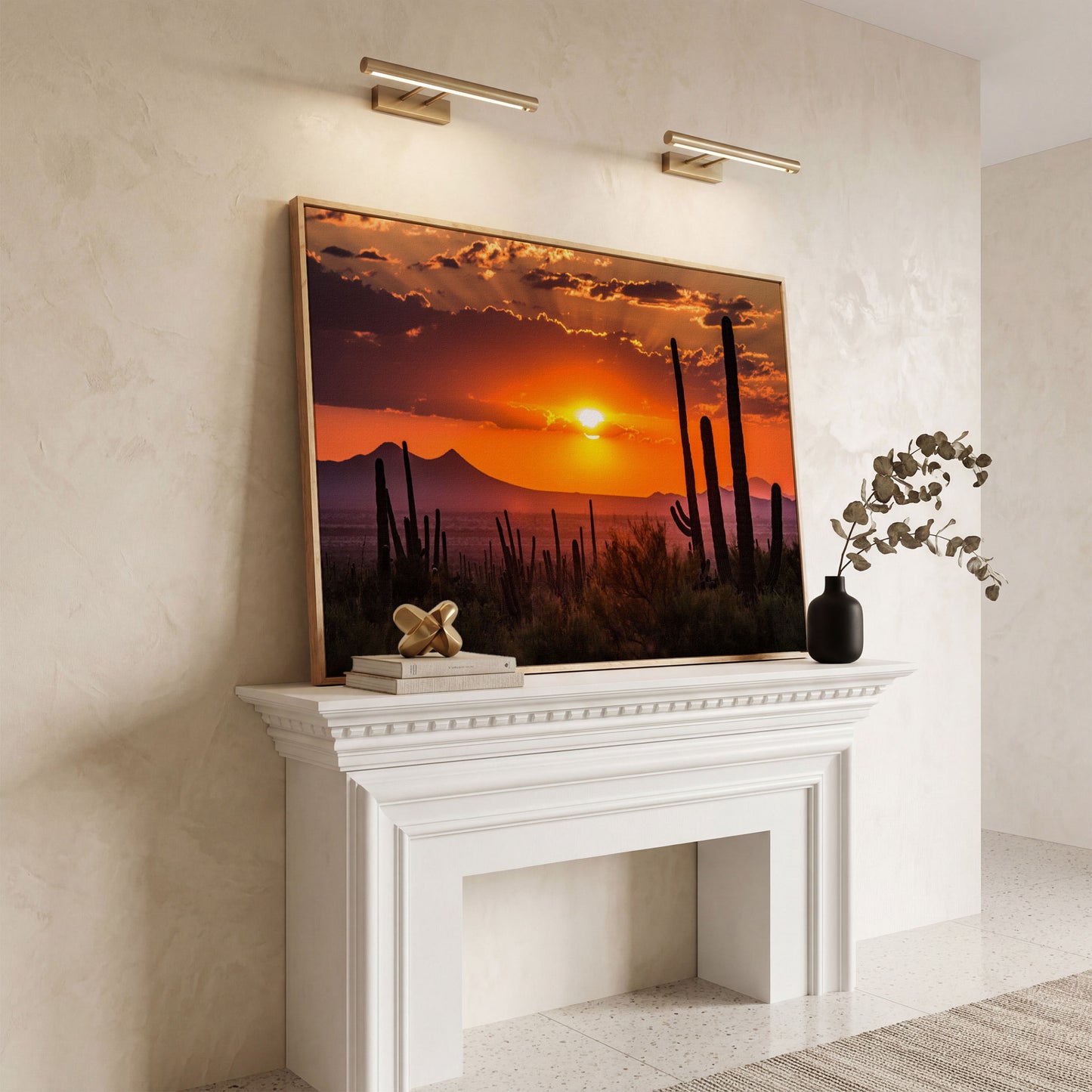 Saguaro Sunset Canvas Art, Arizona Desert Landscape Wall Print in white oak floating frame