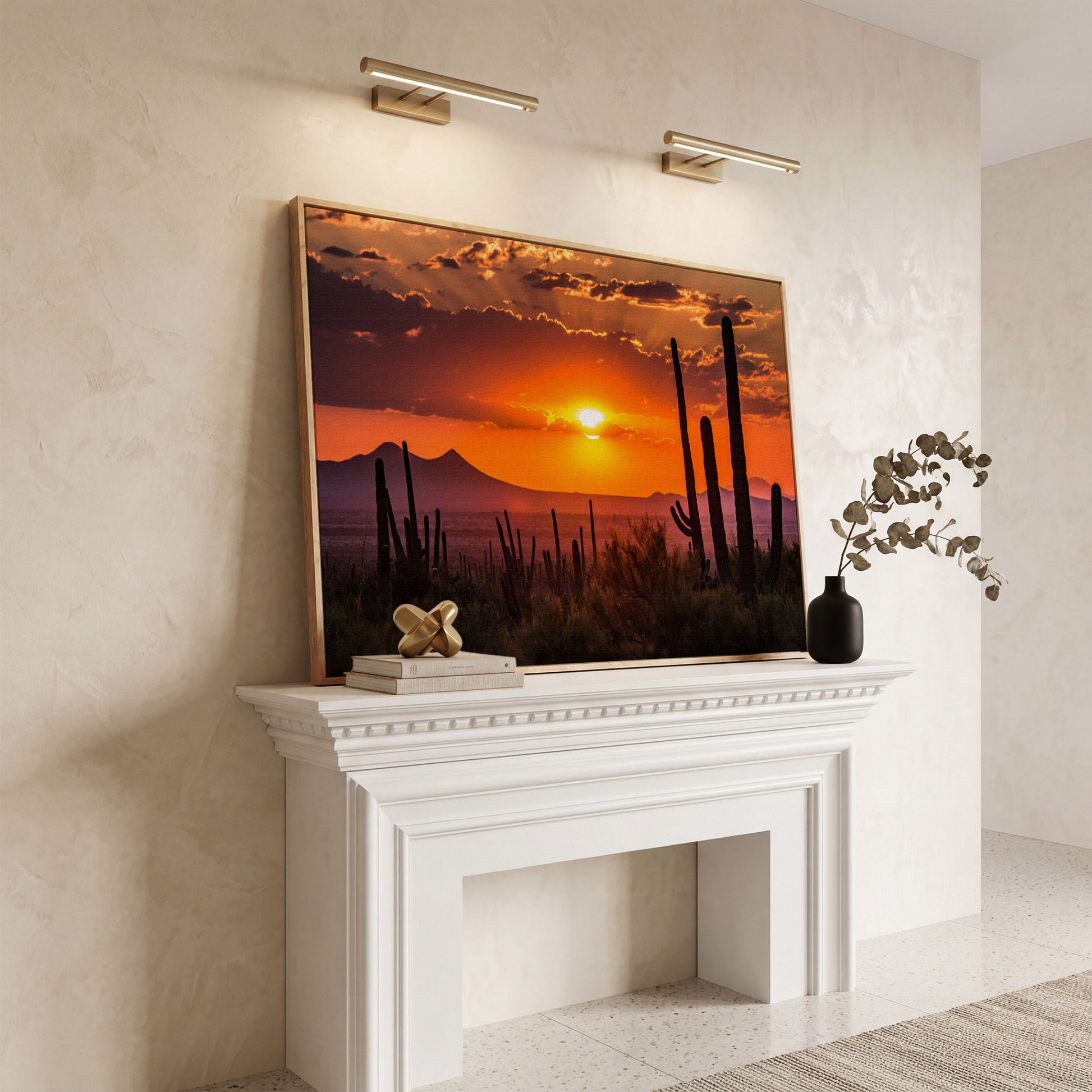 Saguaro Sunset Canvas Art, Arizona Desert Landscape Wall Print in white oak floating frame