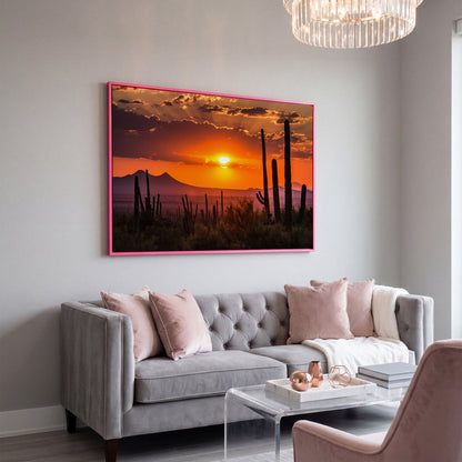 Saguaro Sunset Canvas Art, Arizona Desert Landscape Wall Print in pink floating frame