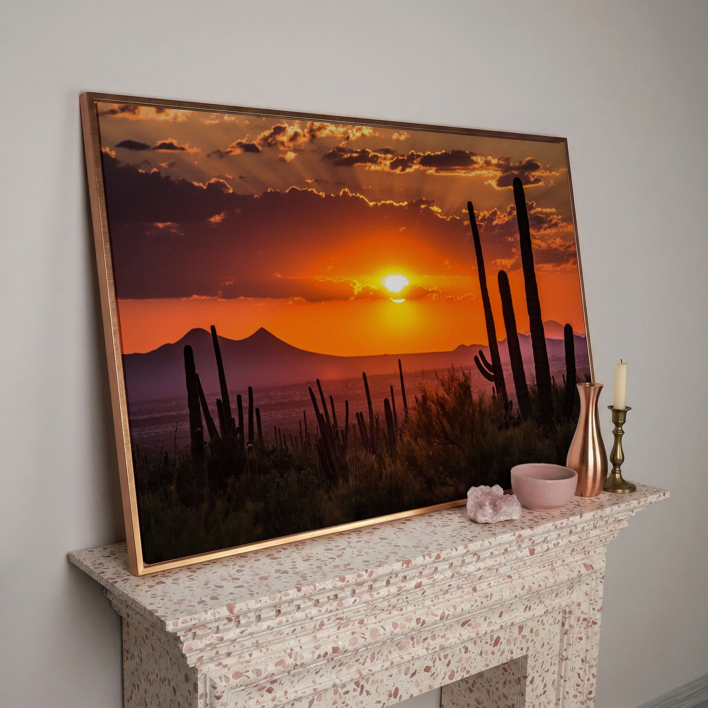 Saguaro Sunset Canvas Art, Arizona Desert Landscape Wall Print in rose gold floating frame
