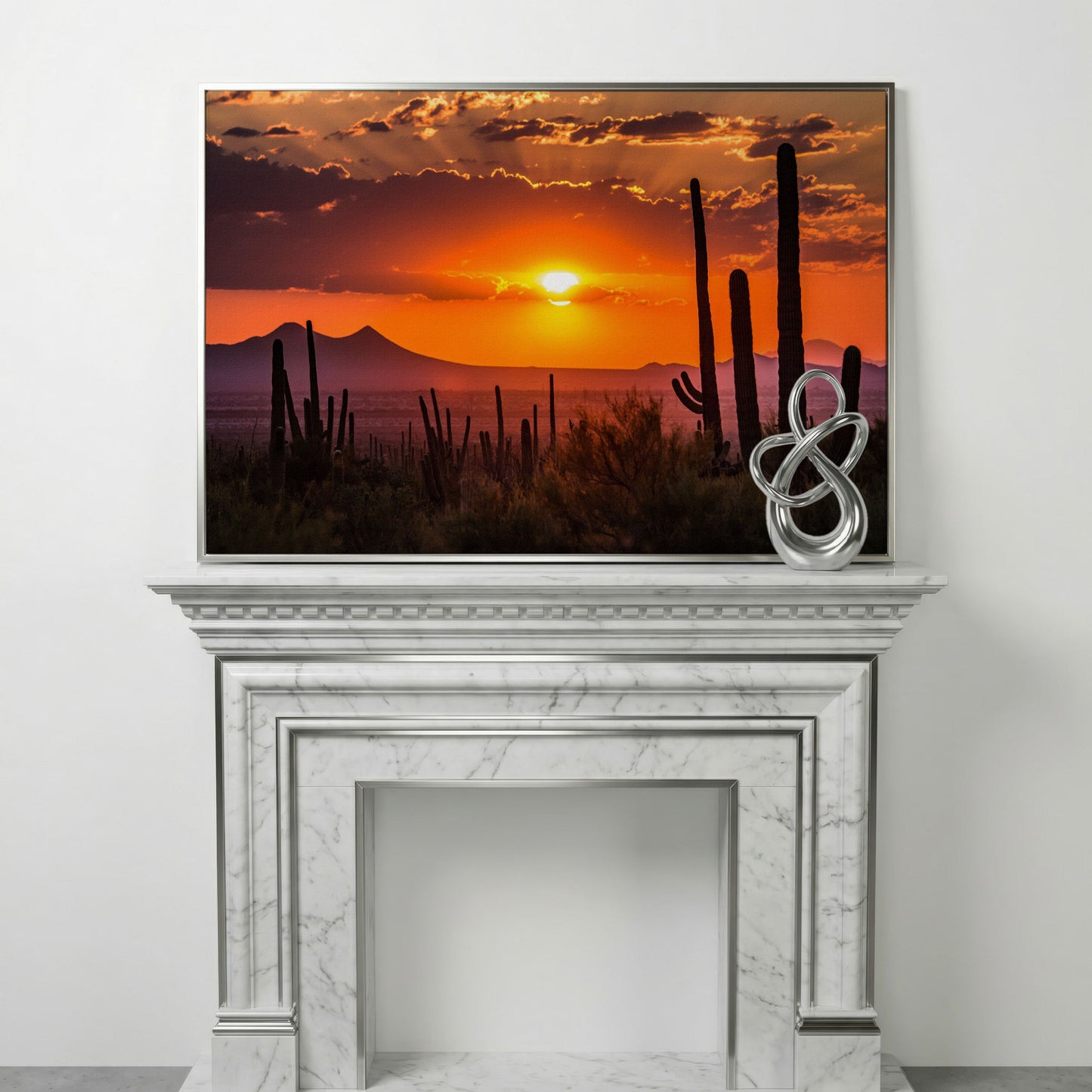 Saguaro Sunset Canvas Art, Arizona Desert Landscape Wall Print in silver floating frame