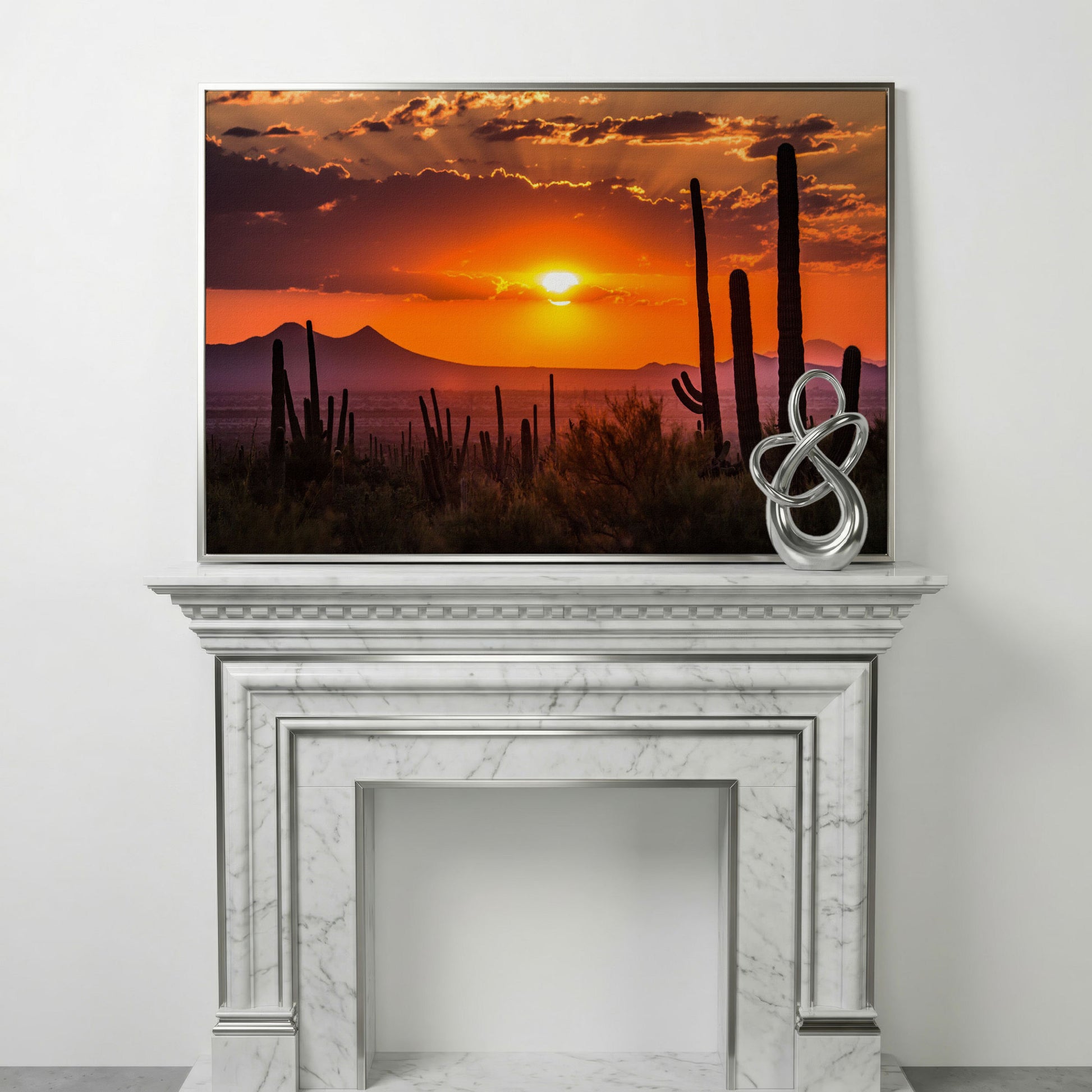 Saguaro Sunset Canvas Art, Arizona Desert Landscape Wall Print in silver floating frame