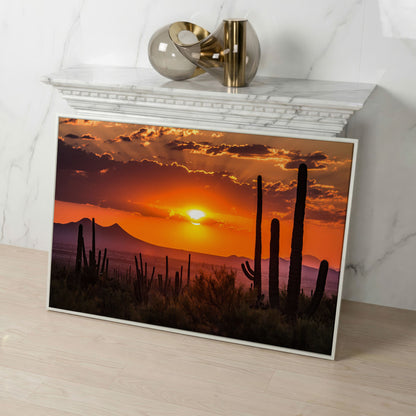 Saguaro Sunset Canvas Art, Arizona Desert Landscape Wall Print in white floating frame