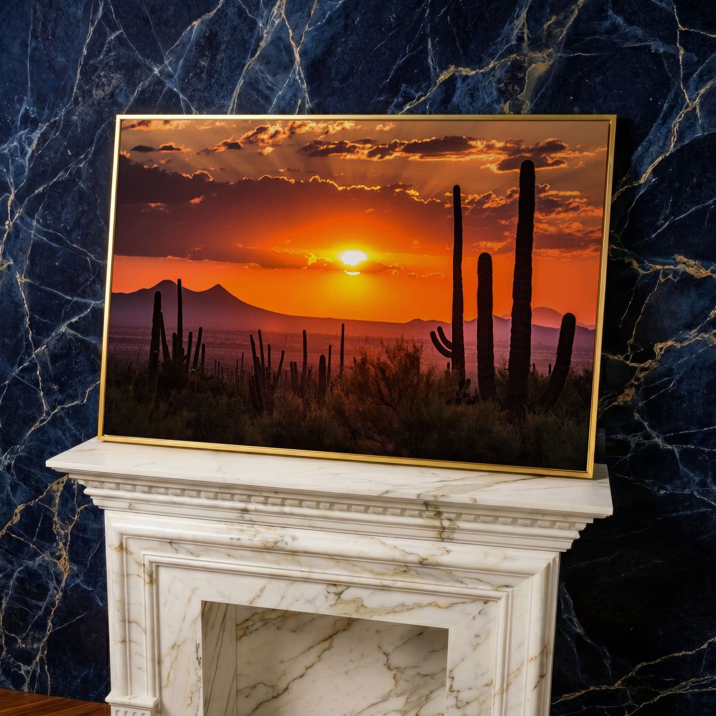 Saguaro Sunset Canvas Art, Arizona Desert Landscape Wall Print in yellow gold floating frame