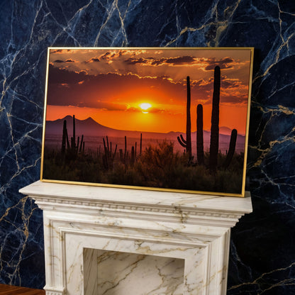 Saguaro Sunset Canvas Art, Arizona Desert Landscape Wall Print in yellow gold floating frame
