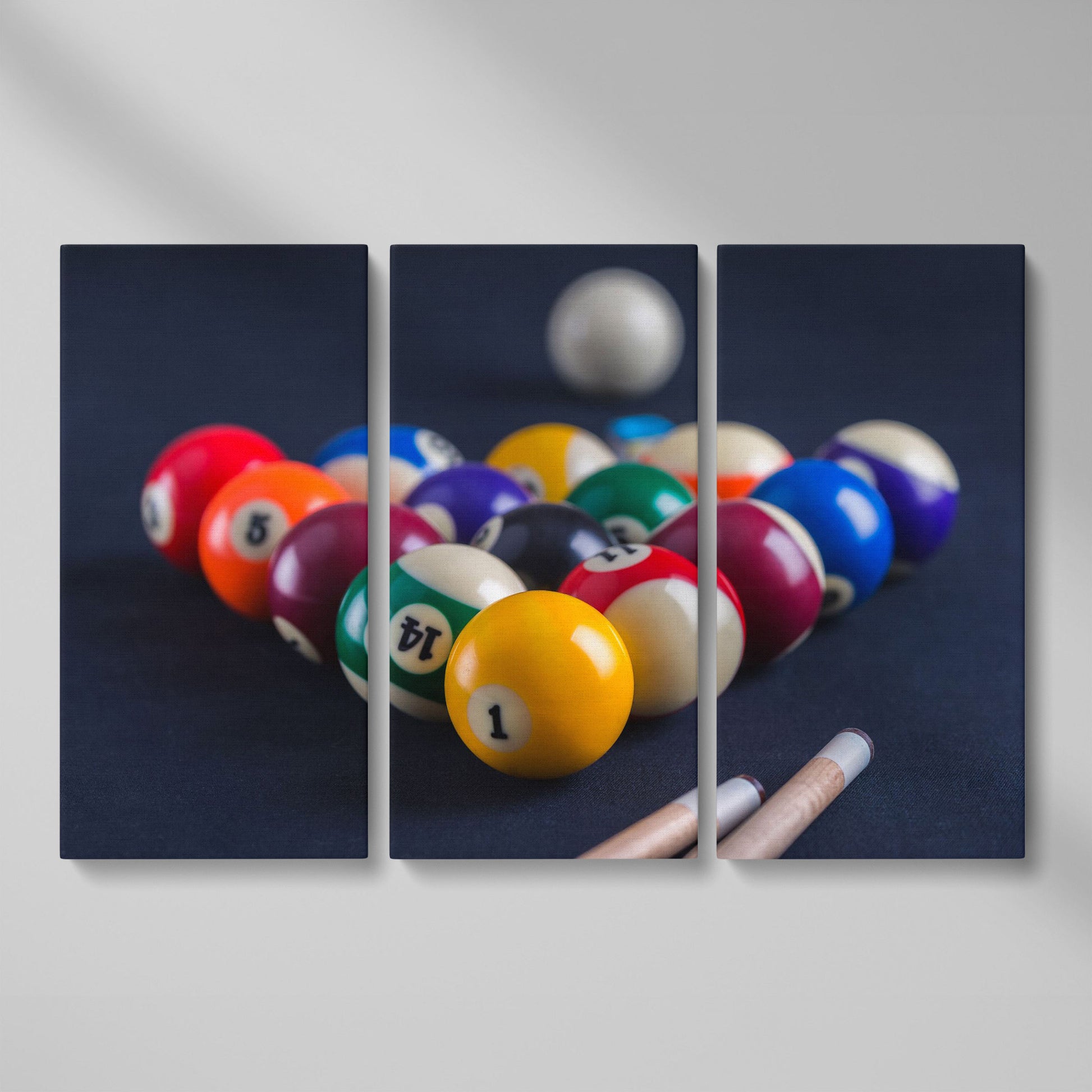 Billiard Balls Rack Close-Up Canvas Wall Art for Game Rooms as 3-panel split version