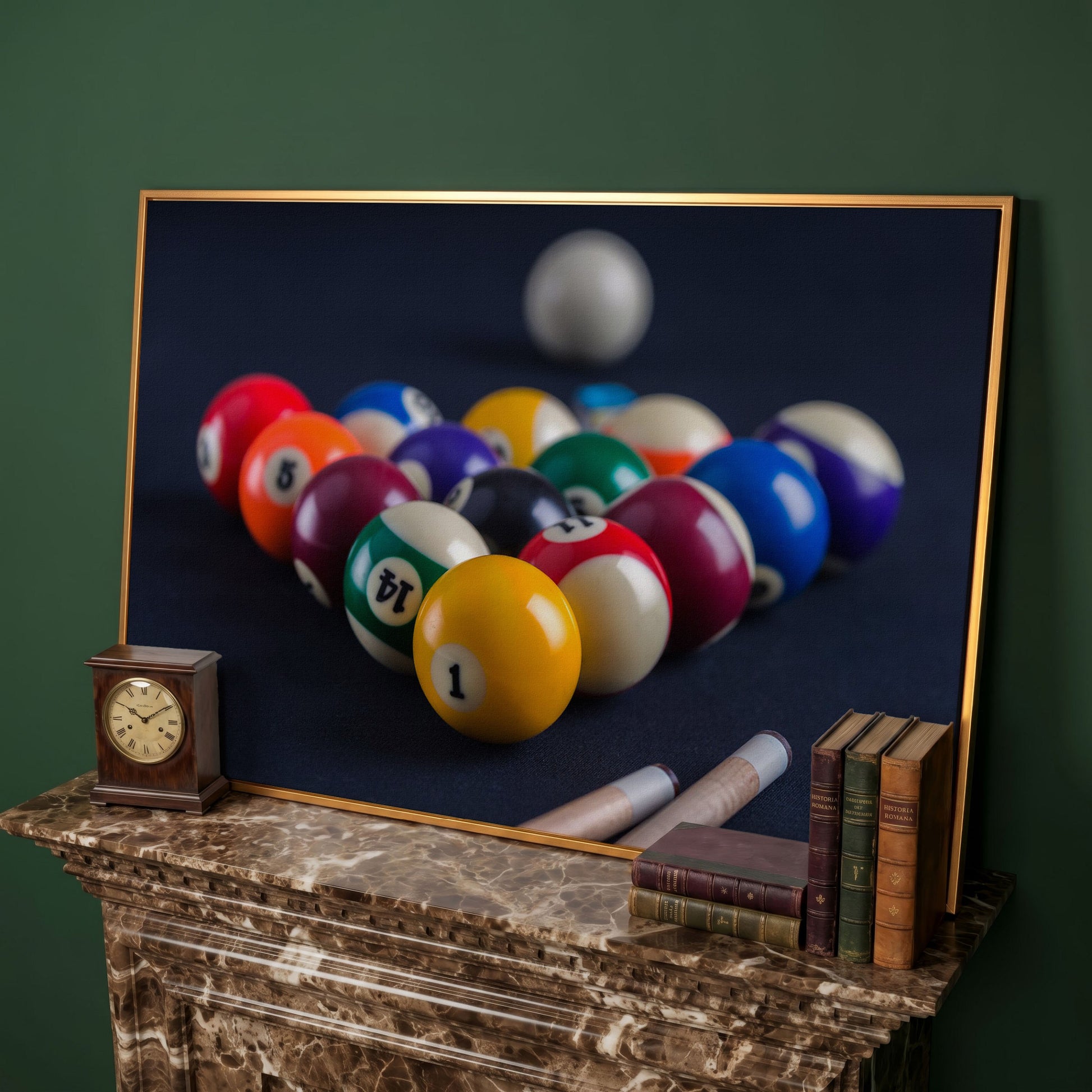 Billiard Balls Rack Close-Up Canvas Wall Art for Game Rooms in antique gold floating frame