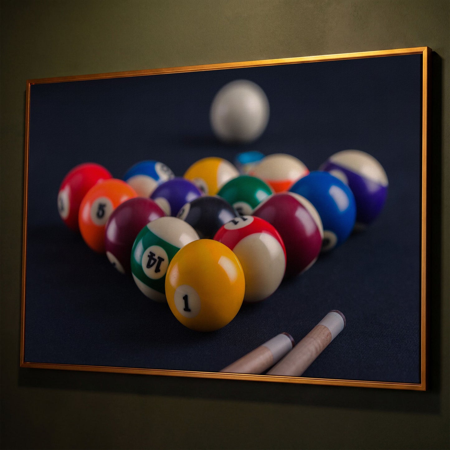 Billiard Balls Rack Close-Up Canvas Wall Art for Game Rooms shown in antique gold floating frame