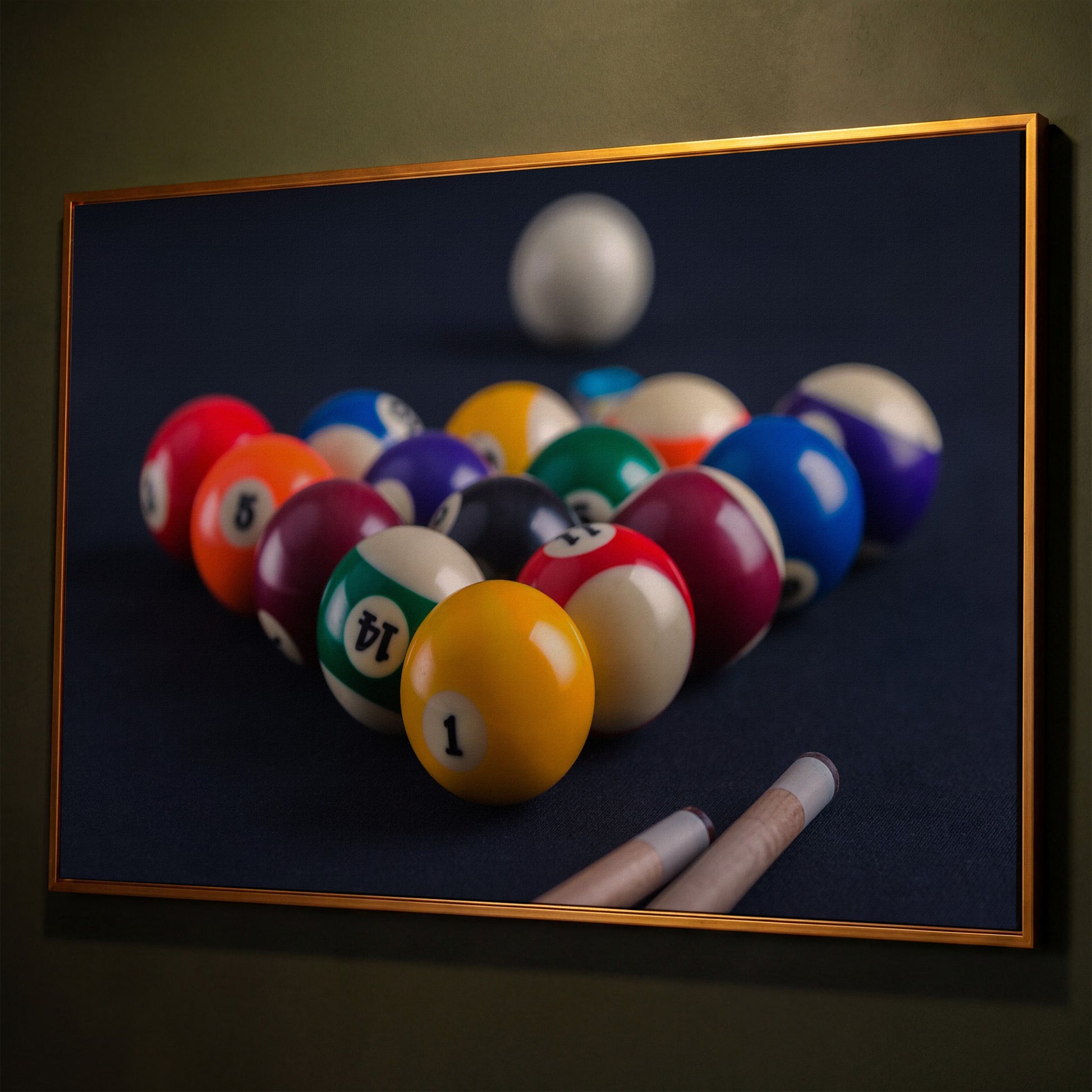 Billiard Balls Rack Close-Up Canvas Wall Art for Game Rooms shown in antique gold floating frame