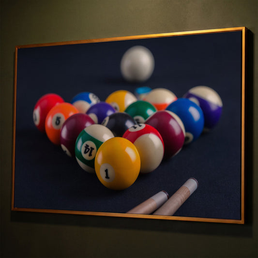 Billiard Balls Rack Close-Up Canvas Wall Art for Game Rooms shown in antique gold floating frame