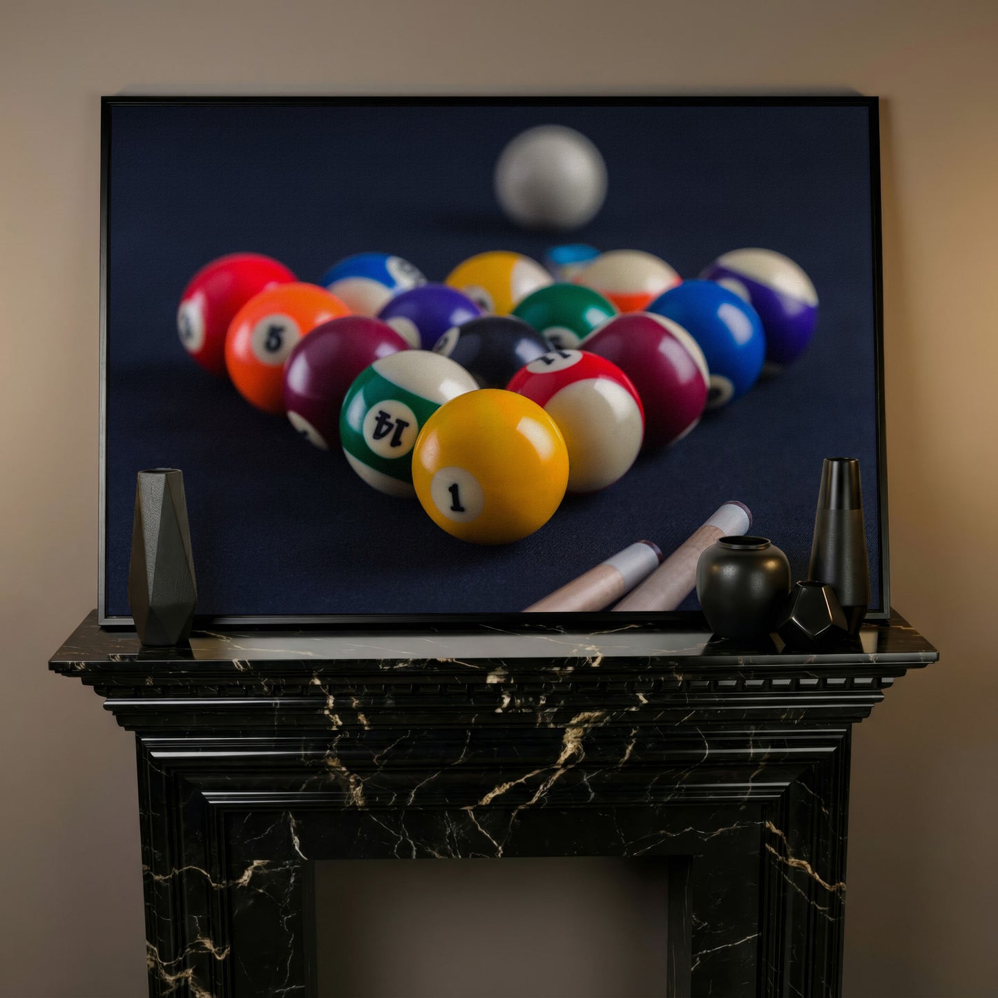 Billiard Balls Rack Close-Up Canvas Wall Art for Game Rooms in black floating frame