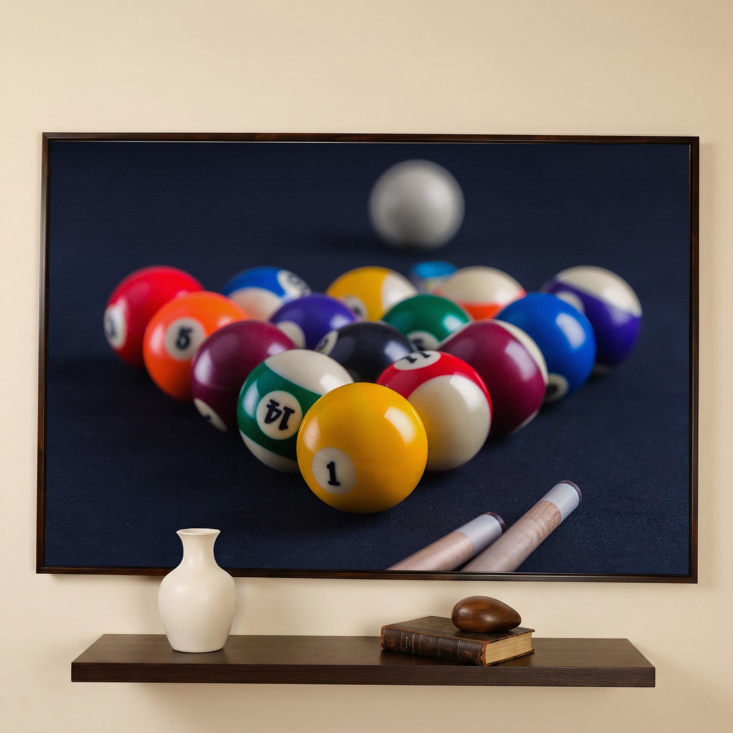 Billiard Balls Rack Close-Up Canvas Wall Art for Game Rooms in dark walnut floating frame