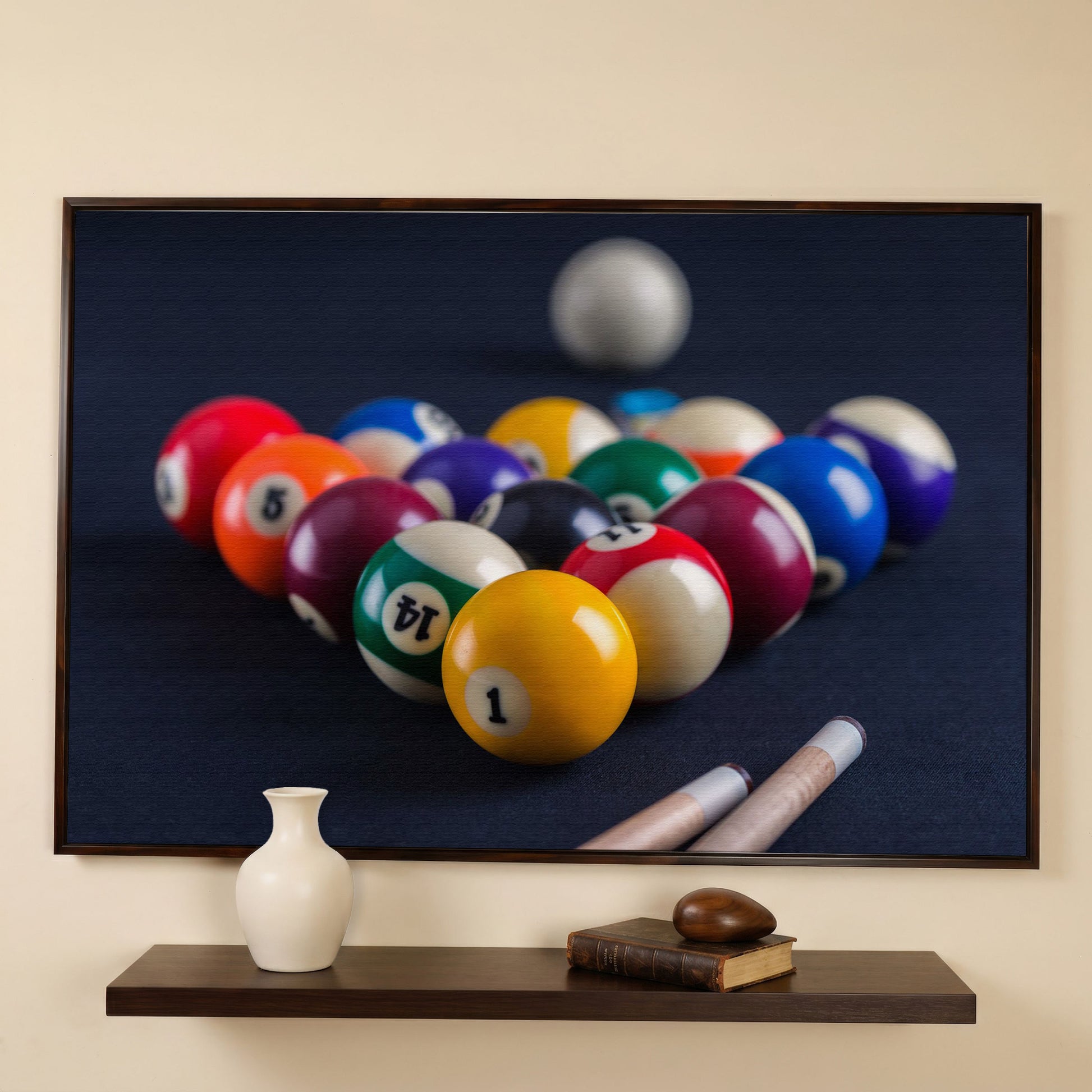 Billiard Balls Rack Close-Up Canvas Wall Art for Game Rooms in dark walnut floating frame