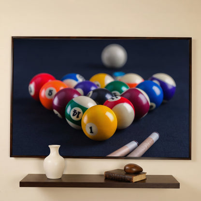 Billiard Balls Rack Close-Up Canvas Wall Art for Game Rooms in dark walnut floating frame