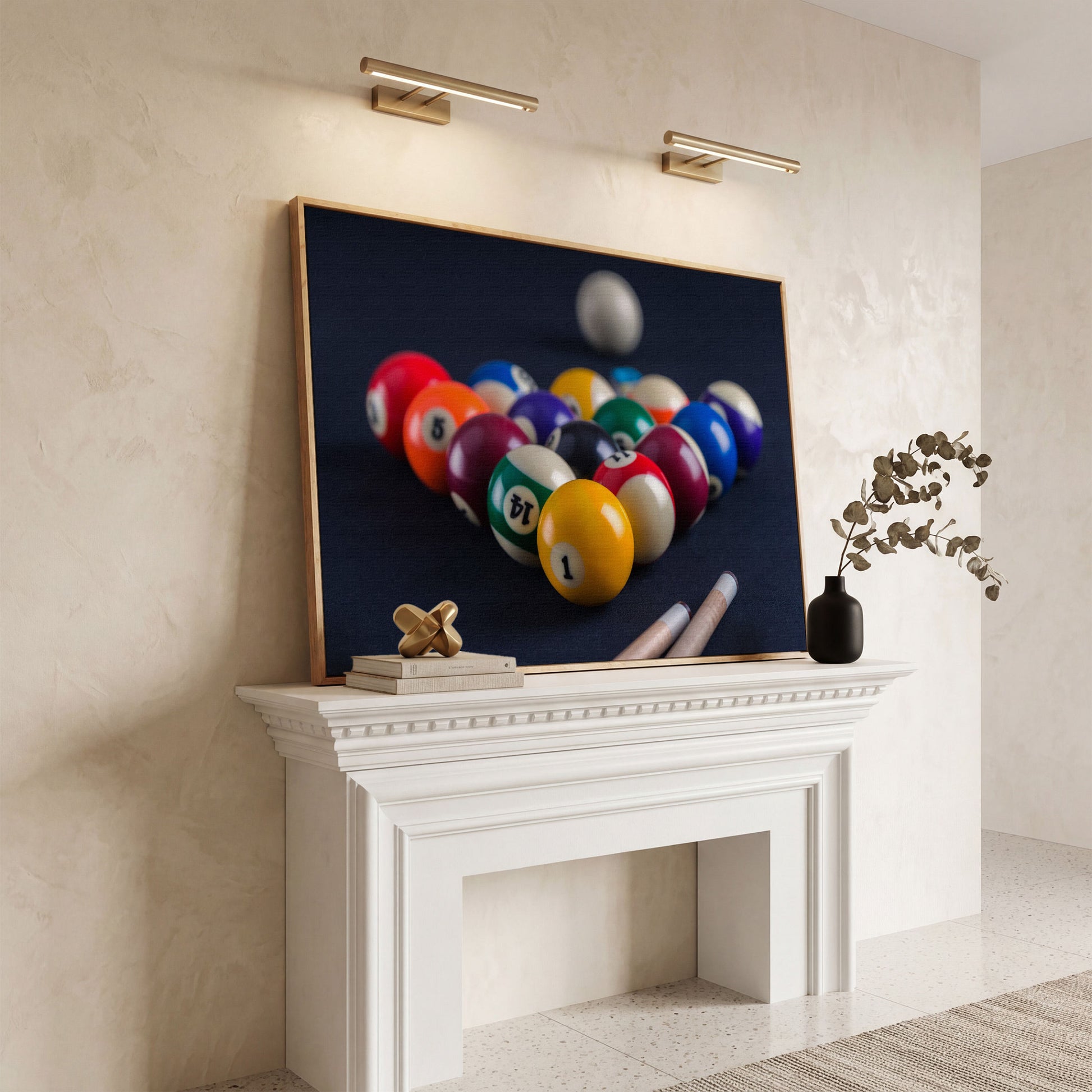 Billiard Balls Rack Close-Up Canvas Wall Art for Game Rooms in white oak floating frame