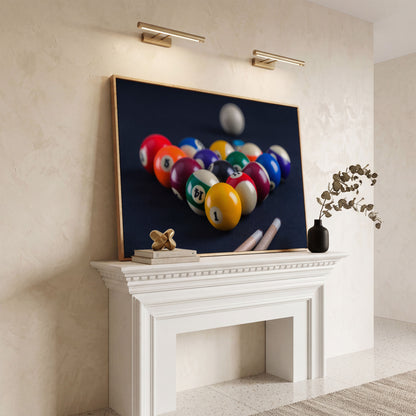 Billiard Balls Rack Close-Up Canvas Wall Art for Game Rooms in white oak floating frame