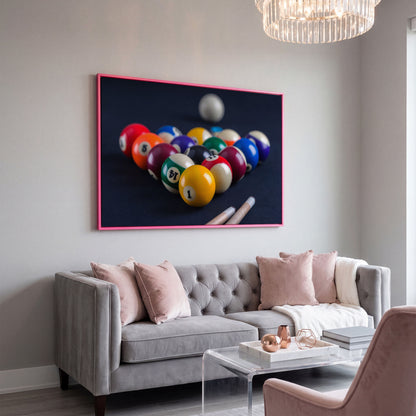 Billiard Balls Rack Close-Up Canvas Wall Art for Game Rooms in pink floating frame