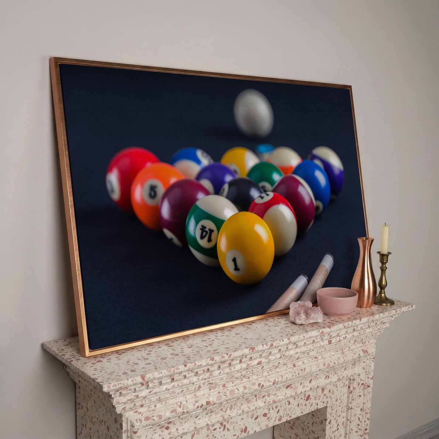 Billiard Balls Rack Close-Up Canvas Wall Art for Game Rooms in rose gold floating frame