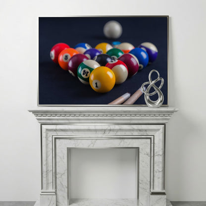 Billiard Balls Rack Close-Up Canvas Wall Art for Game Rooms in silver floating frame