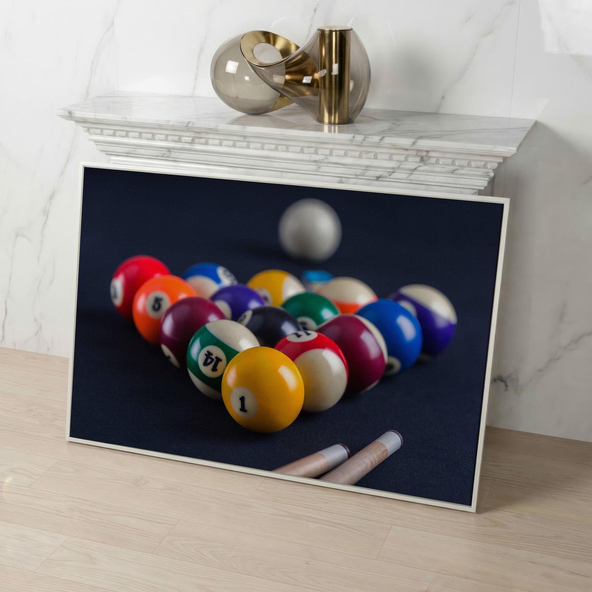 Billiard Balls Rack Close-Up Canvas Wall Art for Game Rooms in white floating frame