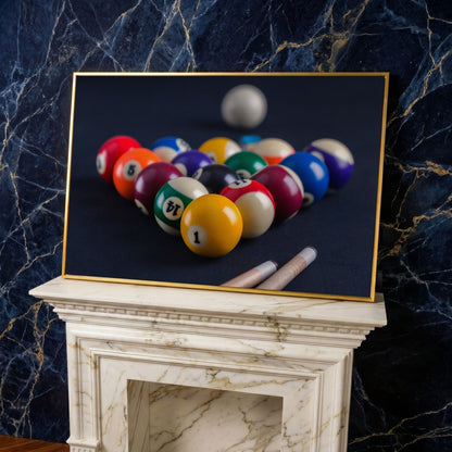 Billiard Balls Rack Close-Up Canvas Wall Art for Game Rooms in yellow gold floating frame