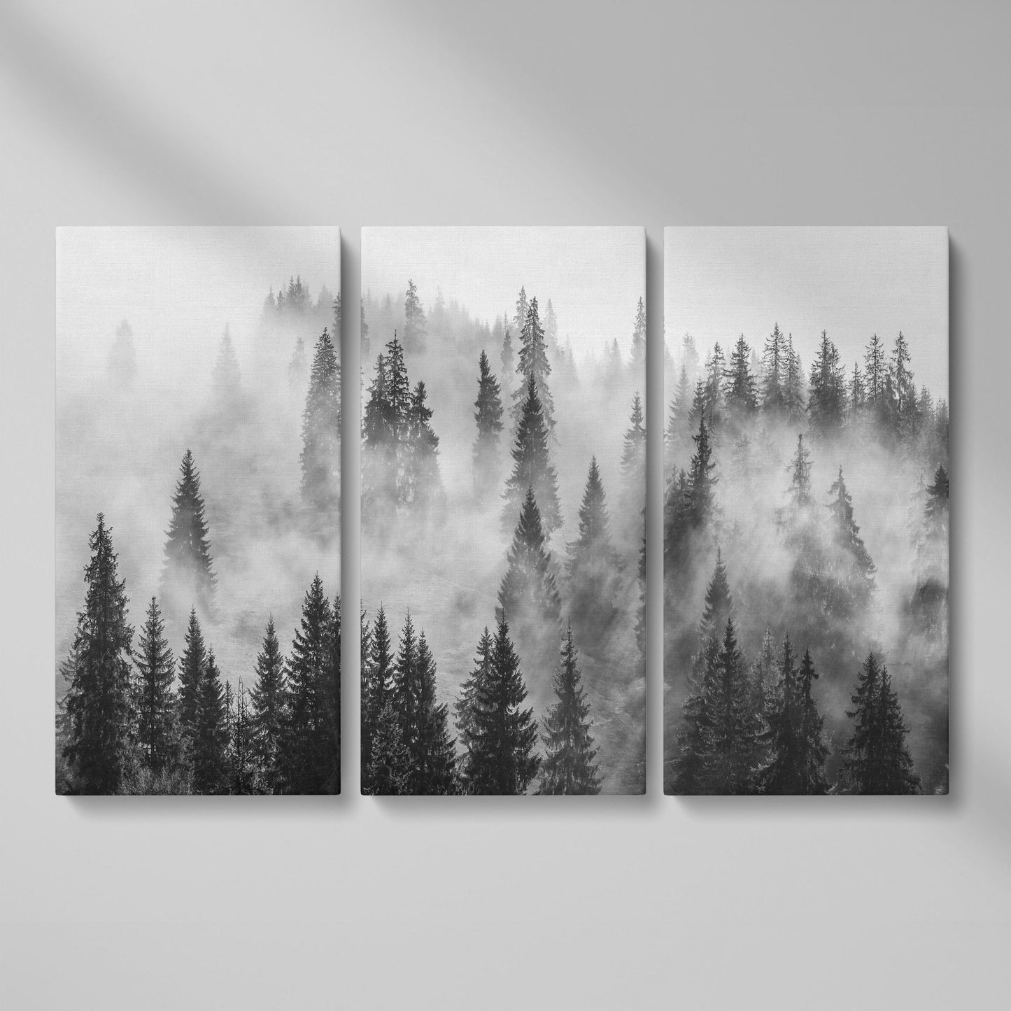Misty Evergreen Forest Canvas Wall Art, Fog Through the Trees as 3-panel split version