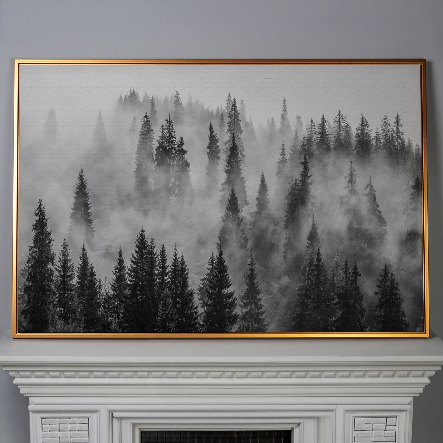Misty Evergreen Forest Canvas Wall Art, Fog Through the Trees in antique gold floating frame