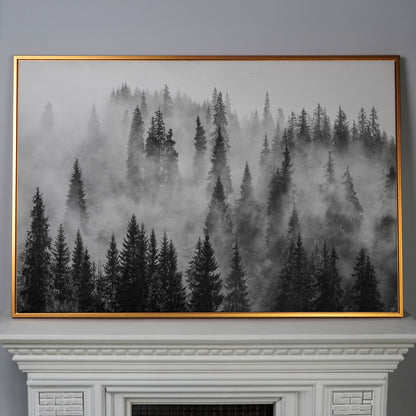 Misty Evergreen Forest Canvas Wall Art, Fog Through the Trees in antique gold floating frame