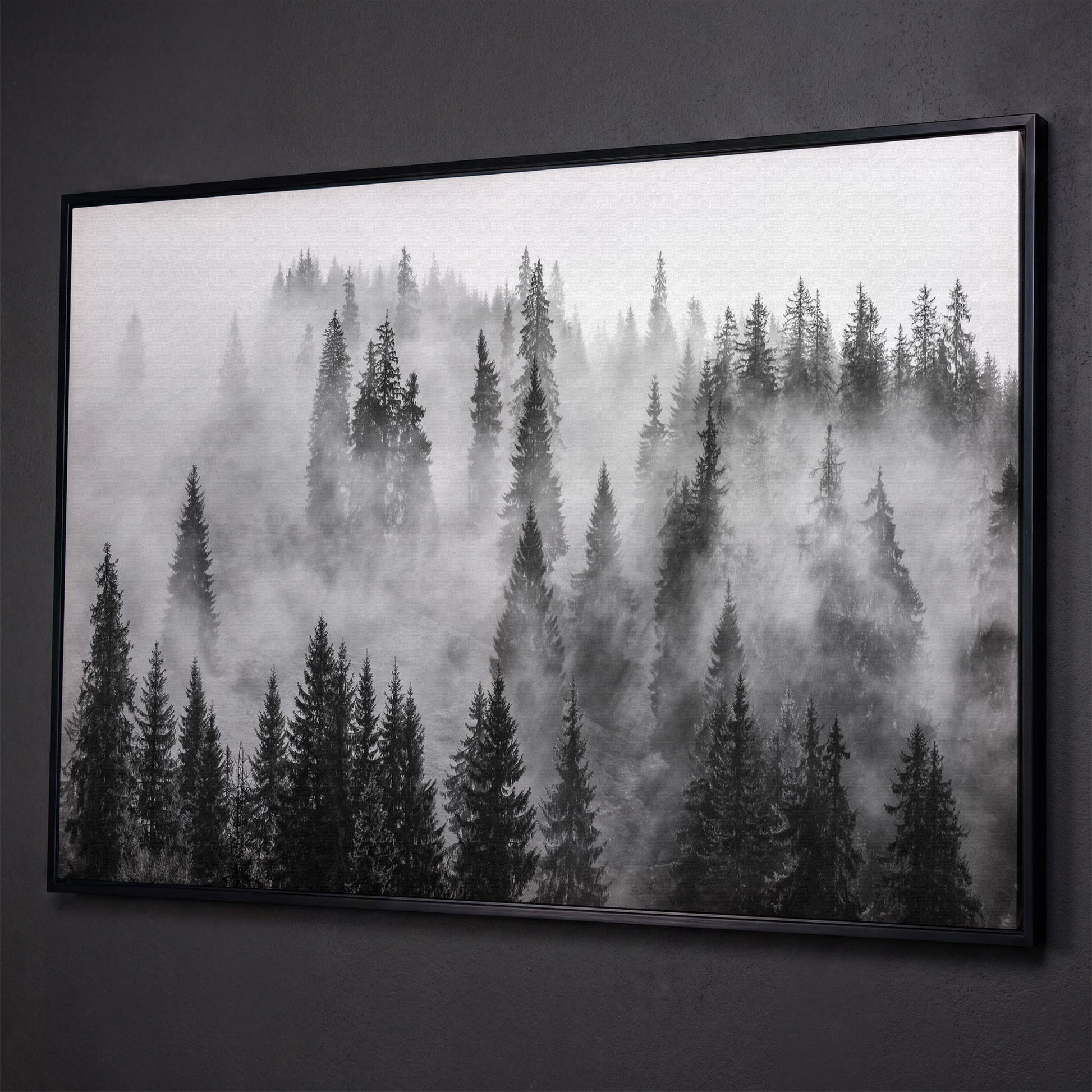 Misty Evergreen Forest Canvas Wall Art, Fog Through the Trees shown in black floating frame