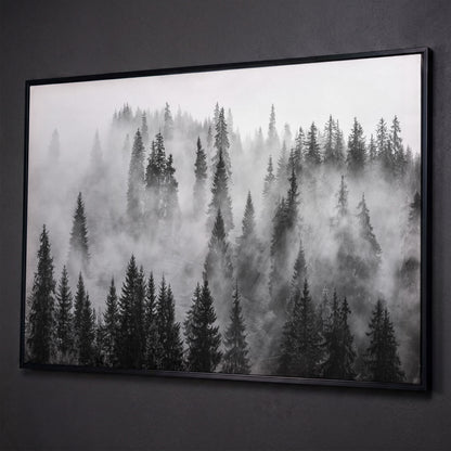 Misty Evergreen Forest Canvas Wall Art, Fog Through the Trees shown in black floating frame