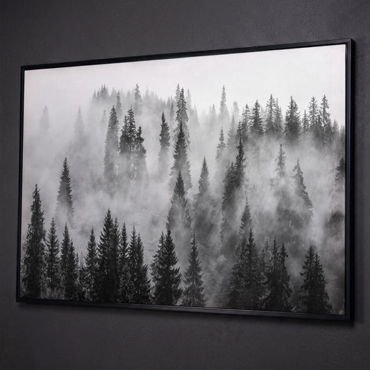 Misty Evergreen Forest Canvas Wall Art, Fog Through the Trees shown in black floating frame