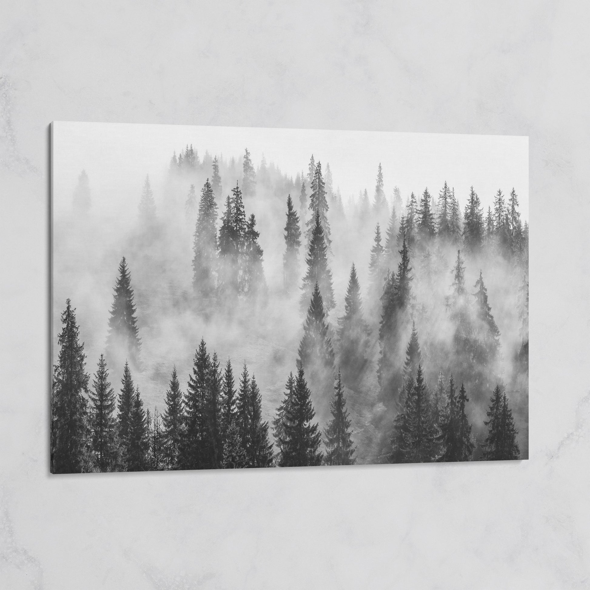 Misty Evergreen Forest Canvas Wall Art, Fog Through the Trees on gallery wrap