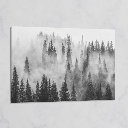 Misty Evergreen Forest Canvas Wall Art, Fog Through the Trees on gallery wrap