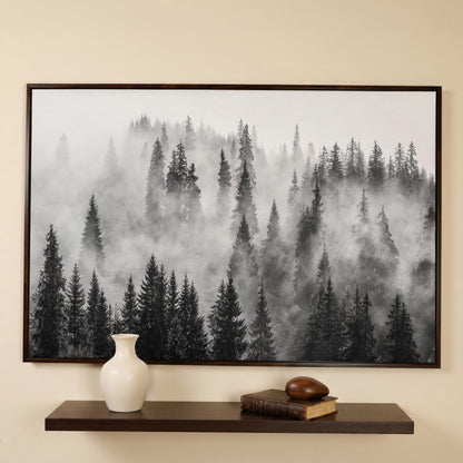 Misty Evergreen Forest Canvas Wall Art, Fog Through the Trees in dark walnut floating frame